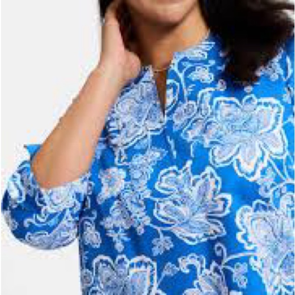 Foxcroft Royal Blue White Floral Split V Tunic - Picture 3 of 12